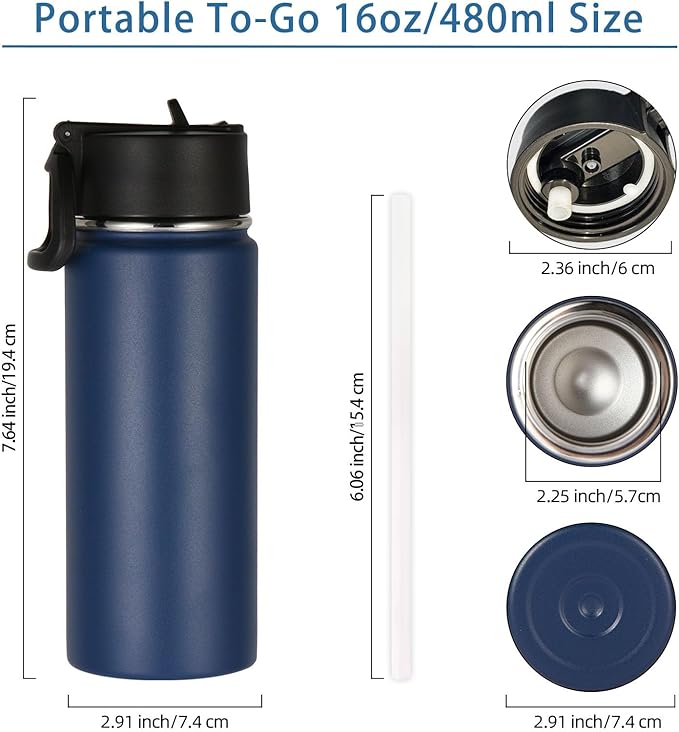 Volhoply 16 OZ Kids Water Bottle Bulk 2 Pack,Insulated Sports Bottles with Straw Lid,Stainless Steel Bottle with Handle Keep Cold & Hot,Double Wall Vacuum Tumbler Cups for School,Girls(Navy, 2)
