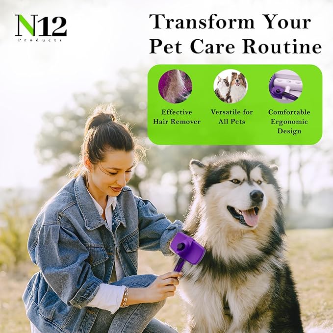 N12 Cat, Dog Hair Remover/Lint Roller and Grooming Hair Bush Combo – Pet Fur Remover for Couch, Furniture, Carpet, Car Seat & Self-Cleaning Slicker Grooming Brush with Long Pins for Shedding - AquaVibe