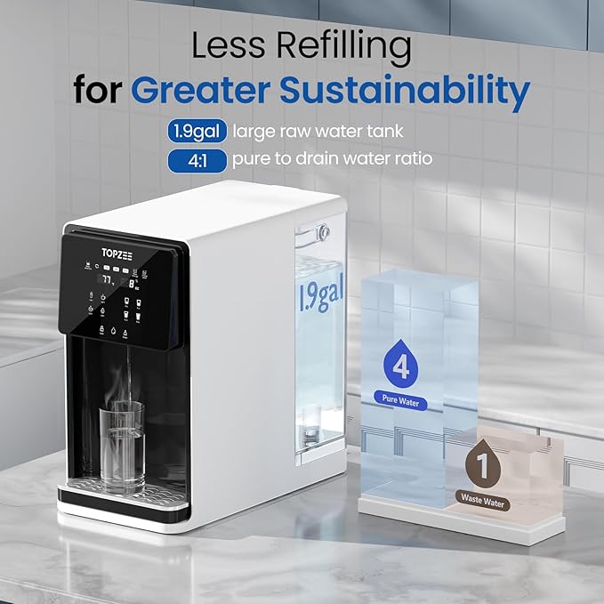UV Countertop Reverse Osmosis Water Filter System, 8 Stage Water Purifier, 7L Large Water Tank for Home, 4:1 Pure to Drain, Reduce TDS PFAS, BPA Free (No Installation Required), White
