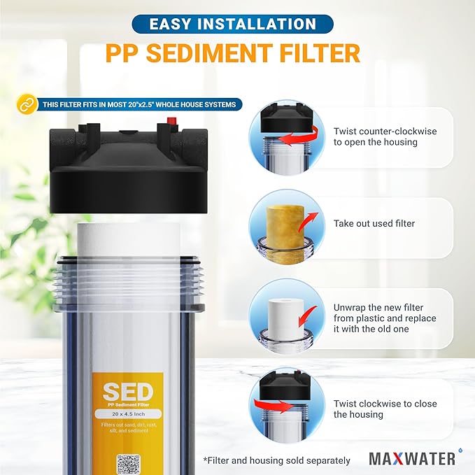 Max Water 5 Micron 20 x 2.5 Sediment Water Filter Replacement Melt-Blown Polypropylene Cartridge for Whole House Filter System, 12 Pack