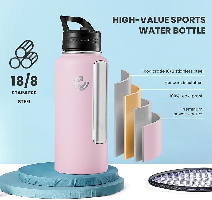 COKTIK 32oz Sports Water Bottle, Stainless Steel Water Bottle for Insulated, Reusable Travel Bottle, With Straw, With Handle Grip for Easy Carrying, Suitable for Cycling, Outdoor Vacations(Blush)