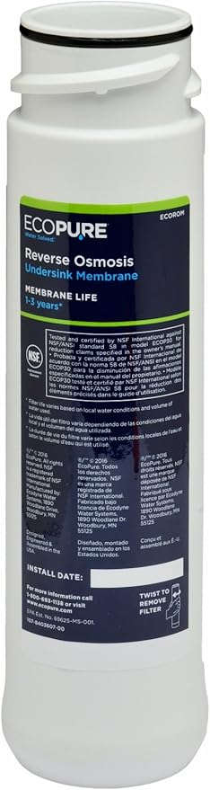 EcoPure ECOROM Reverse Osmosis Membrane Replacement – Fits ECOP30 & Select Kenmore & Brita RO Systems – NSF-Certified Stage 2 Filter – Reduces TDS, Lead, Chlorine & More – 1–3 Year Life – Easy Changes