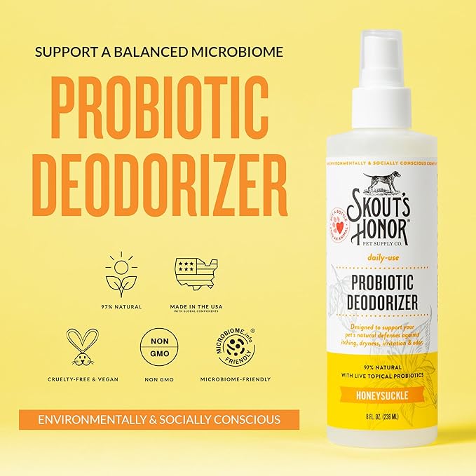 SKOUT'S HONOR Probiotic Pet Deodorizer Spray- Hydrating Daily-Use with Avocado Oil & Omega-3s, Microbiome Friendly Certiified, Paraben & Sulfate-Free, 97% Natural, 8oz, Honeysuckle, 2-Pack - AquaVibe