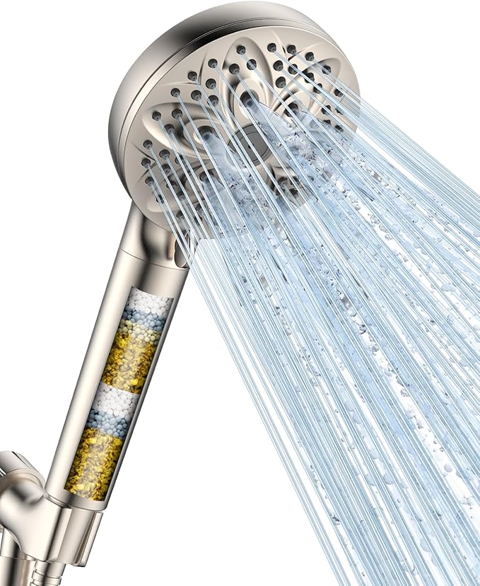 6-Setting Filtered Handheld Shower Head, JDO High Pressure Shower Head with Replaceable Filter Cartridge 4.7 Inch Detachable Showerhead for Chlorine Hard Water Removal 59 Inch Stainless Steel Hose