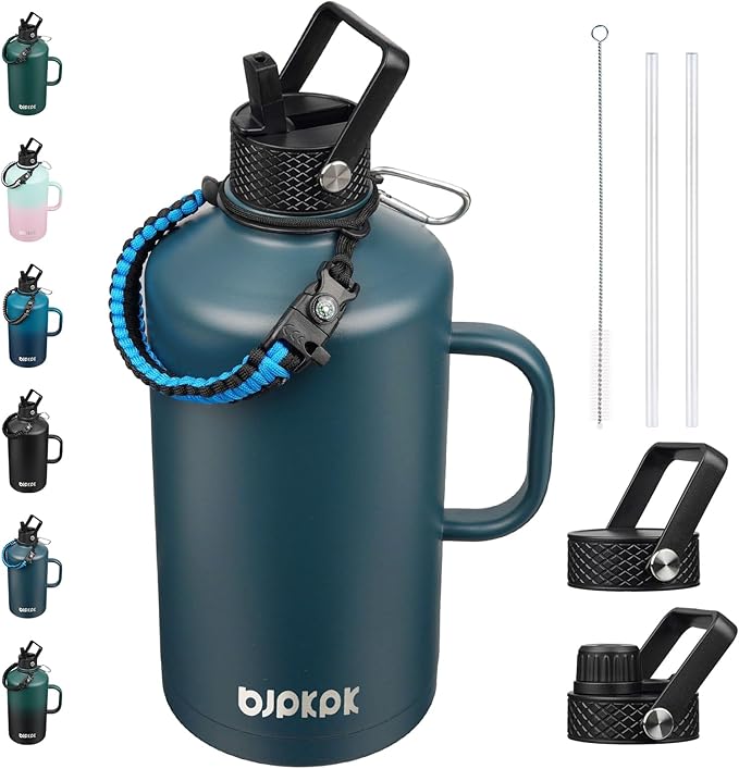 BJPKPK 1 Gallon Water Bottle Insulated with Straw Lid, 128oz Large, Stainless Steel Water Bottles with 3 Lids and Paracord Strap, Double Wall Vacuum Metal Water Jug,Navy Blue