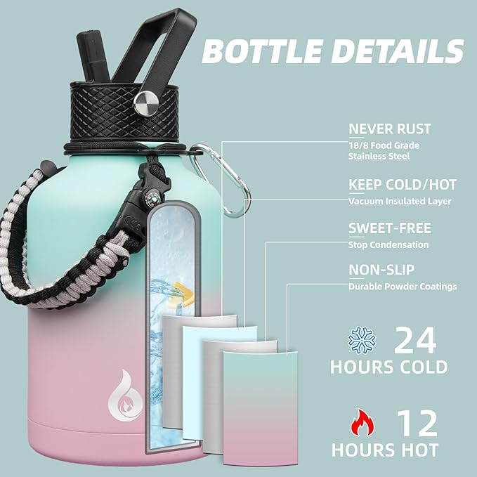 BJPKPK Insulated Water Bottles with Straw Lid, 50oz Large Water Bottle with 3 Lids and Paracord Strap, Stainless Steel Metal Water Bottle, Insulated Water Jug,Marshmallow