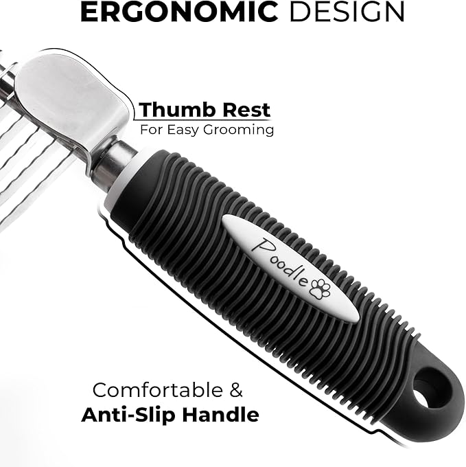 Poodle Dematting Fur Rake Comb Brush for Dogs and Cats - Long 2.5" Steel Safety Blades Metal Comb for Detangling Matted or Knotted Undercoat Hair - AquaVibe