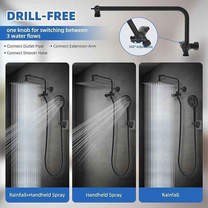 All Metal Black Shower Head, 10" High Pressure Rainfall/Handheld Shower Combo with 11" Extension Arm, 10-Spray Handheld Showerhead, 71" Long Hose, 3-Way Diverter Valve, Matte Black