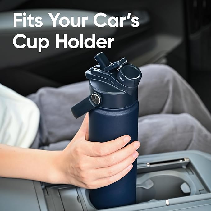 KEWIXY 24 oz Insulated Water Bottle, 2-in-1 Lid, Straw & Spout with Protected, Leak Proof, Keep Cold, Stainless Steel, Metal, Reusable, Handle, for Travel, Gym and School, 2 Lids, Denim Blue