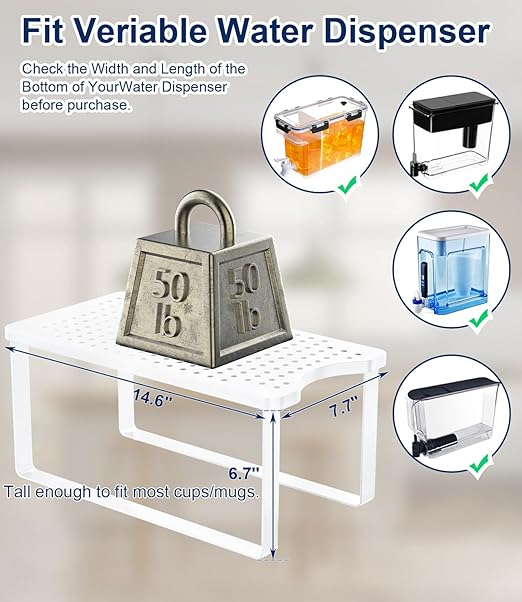 Water Filter Dispenser Stand with Drip Tray - 7.9''W x 14.9''D x 7''H, Metal Stand Designed for Brita Water Filter, Compatible with ZeroWater, PUR, Waterdrop etc - White