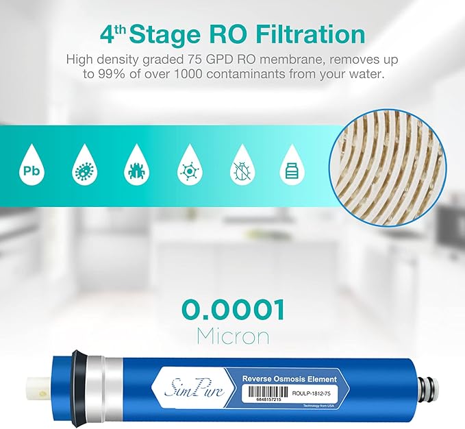 SimPure SP5-RO75 6-Stage 10" Reverse Osmosis Replacement Filter Set with Alkaline Mineral Filter, Complete Set for 75 GPD Standard 6-Stage Reverse Osmosis RO Water Filtration Systems, 6 Pieces