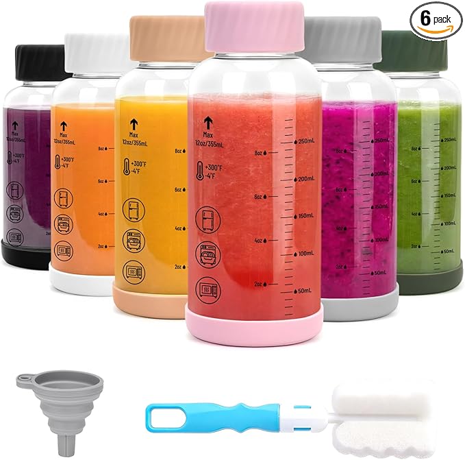 Zukro Glass Water Bottles 12 oz - 6 Pack Heat-resistant Borosilicate Small Juice Bottles with Stainless Steel Lids for Juicing, Protein, Milk, Smoothies - Reusable & Airtight Leak proof, BPA Free