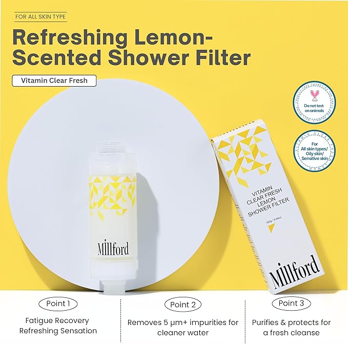 Vitamin C Shower Filter - Korean Purifier for Hard Water, Removes 99% Chlorine & Impurities, Natural Shower Infuser Detox, Deep Cleansing for Skin & Hair Hydration Boost (Lemon Scent)