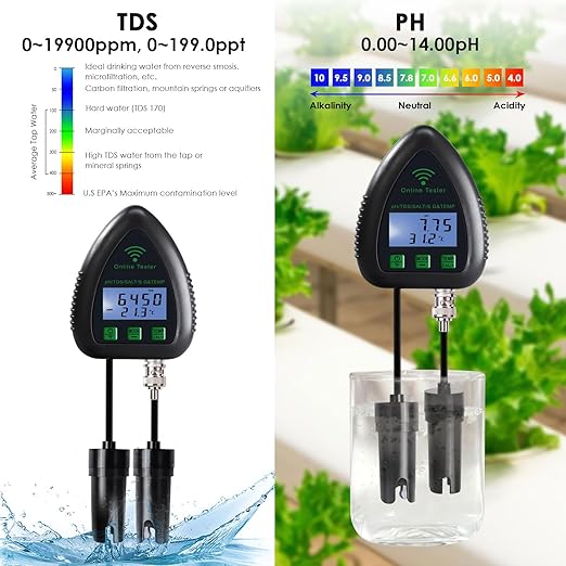 Smart Water Quality Tester 5 in 1 pH TDS SG Temp Salinity Tester WiFi Water Quality Meter Data Logger pH Tester TDS Tester Remote Monitor Alarm Notification and Record for Aquarium Hydroponics Pond