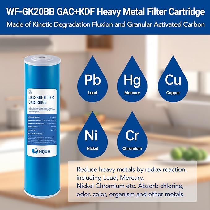 HQUA Whole House Compound Replacement Filter Cartridge, WF-GK20BB, Fit for WF3 Series, GAC+KDF, Kinetic Degradation Fluxion, Granular Activated Carbon