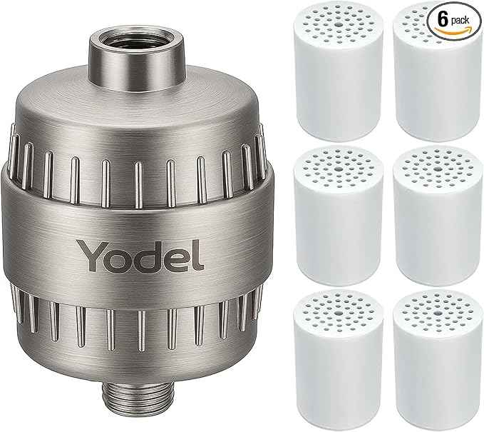 Yodel Shower Filter with 6 Cartridge Brushed Nickel - Hard Water Softener, 99% Removes Chlorine & Impurities, Improves Skin & Hair Condition, Universal Fit for Shower Heads