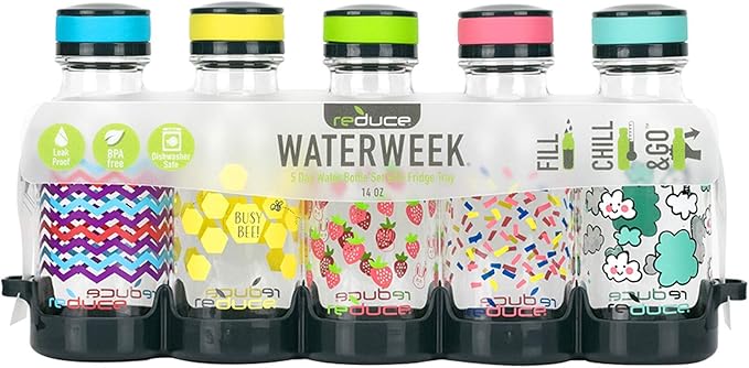 REDUCE WaterWeek Refillable Water Bottles, 14 oz - Includes 5 WaterWeek Leak Proof Tritan Reusable Water Bottles - Includes Fridge Tray - Berry Fun