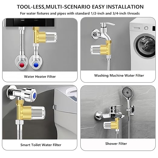 XZ03 Reusable Brass Sediment Filter, 40 Micron Washer Water Filter System, for Washing Machine, Heater, Camping, Protecting Appliances, Reduces Clothes Yellowing, Anti Scale Shower Filter