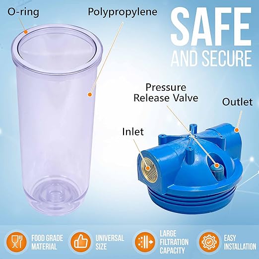 10 Inches Transparent Standard Whole House Water Filter System with Presser Relief Valve, 3/4” Inlet/Outlet Brass Port and Yearly Supply (4) Sediment Cartridges 50 Micron