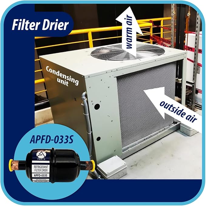 Appli Parts APFD-033S 3/8 in Liquid Line Refrigerant AC Filter Drier hvac Refrigeration 033S ODF Sweat Solder connection universal unidirectional 4-1/2 in long 1-3/4 in wide