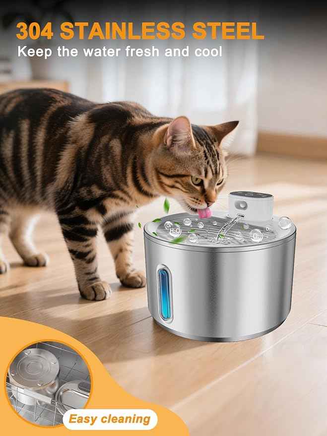 Cat Water Fountain Stainless Steel, 4L/135fl oz for Cats Dogs - Wireless Pet Water Dispenser Battery Operated with 5000mAh, Motion Sensor Activated, Ultra Quiet Pump, 6 Filters, Easy Clean Design