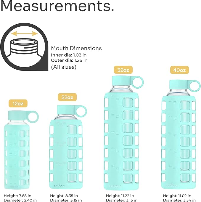 purifyou 40oz / 32oz / 22oz / 12oz Borosilicate Glass Water Bottle with Time & Volume Markers, Silicone Sleeve, Stainless Steel Lid | Reusable Glass Bottle for Water & Juice (32oz Glow-in-the-Dark)