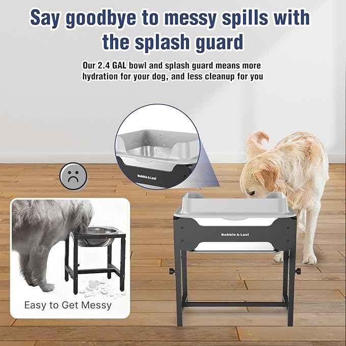 4-Height Adjustable Elevated Dog Water Bowl with Splash Guard, 2.5 Gallon No-Spill Large Capacity Raised Dog Water Bowl for Large & Medium Dogs, Non-Slip Stainless Steel Stand & Easy to Clean