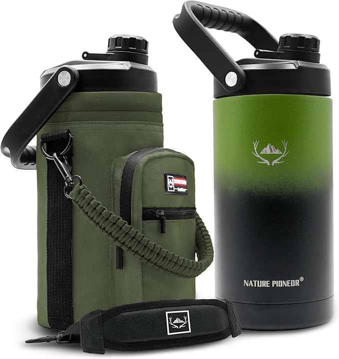 NATURE PIONEOR 64 oz Insulated Water Bottle - Double Vacuum Stainless Steel Half Gallon Water Jug with Holder/Carrier, Wide Mouth, Outdoor Sports, Hiking, Camping, Gym