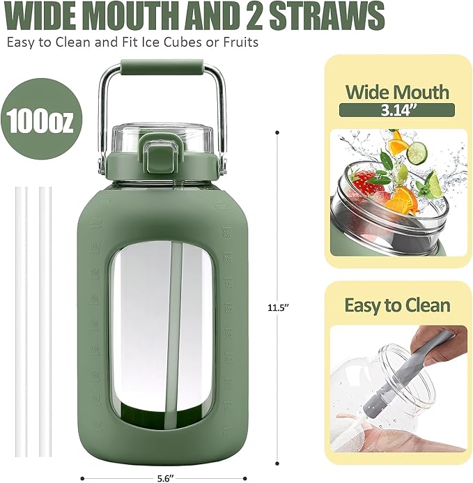 Large Glass Water Bottles with Stainless Steel Handle,100 oz Gallon Drinking Bottle with 2-in-1 Straw Lid,3 Liter Glass Water Jug with Silicone Sleeve,Wide Mouth,Olive
