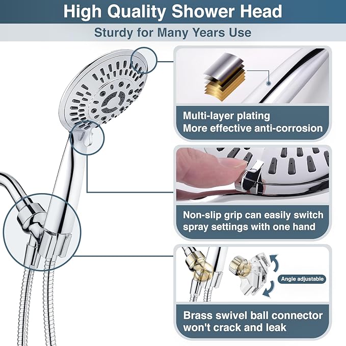 BRIGHT SHOWERS 9 Spray Settings Shower Head with Handheld High Pressure Hand Held Showerhead with 60 Inch Stainless Steel Hose and Adjustable Overhead Bracket, Chrome - AquaVibe