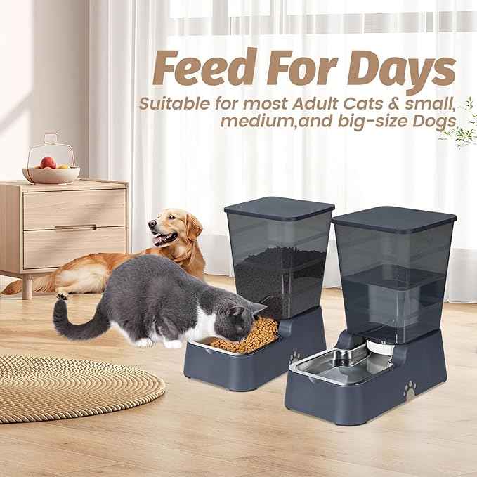Automatic 5.4L/1.4Gal Pet Waterer, Automatic Dog Water Dispenser Gravity Stainless Steel Water Feeder, Large Capacity Feeding Bowls for Cats and Medium & Large-Sized Dogs (Black, Food+Water)