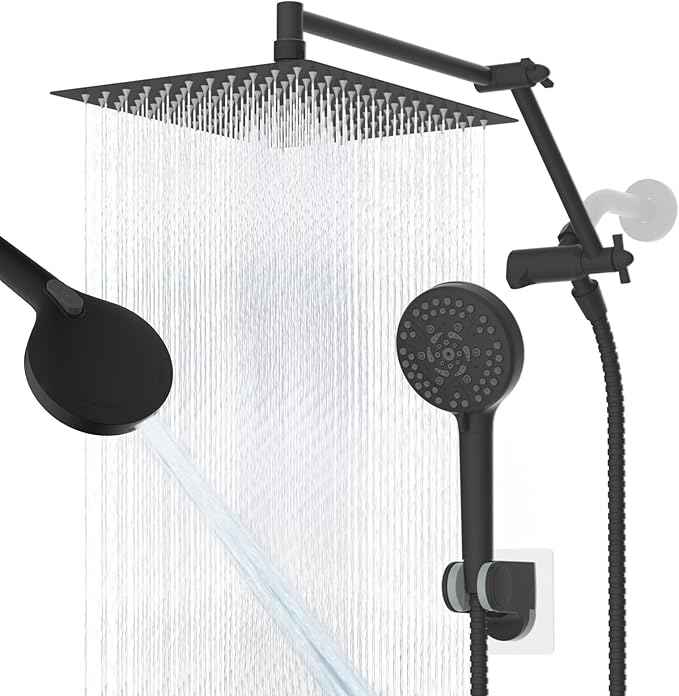 12“ All Metal Black Rain Shower Head with Handheld Spray Combo, High Pressure Rainfall Shower Head with16" Shower Extension Arm, 5“ Handheld Spray Powerful Clean 10-Mode, 3-Way Diverter, Shower Hose