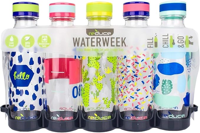 REDUCE WaterWeek Reusable Water Bottle Set, 20oz – Plastic Reusable Water Bottle Set of 5, Plus Fridge Tray – BPA-Free, Leak Proof Twist Off Cap – Bliss