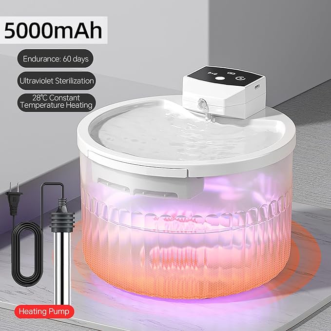 Cordless Ceramic Cat Water Fountain Constant 30°: 101.45oz/3L Automatic Super Silent Intelligent Sensor Pet Drinking Dispenser 5000mAh Dog Water Bowl Dispenserwith 7 Replacement Filters(White 30°UVC)