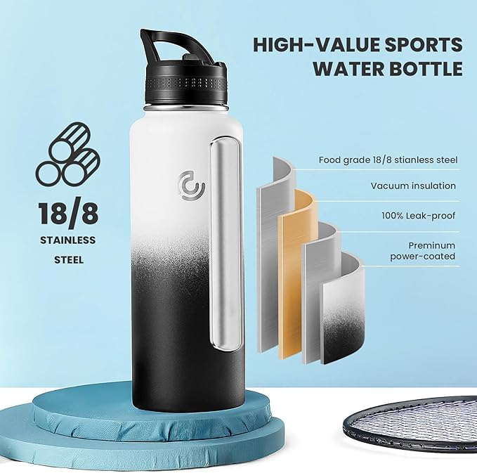 COKTIK 40oz Sports Water Bottle, Stainless Steel Water Bottle for Insulated, Reusable Travel Bottle, With Straw, With Handle Grip for Easy Carrying, Suitable for Cycling, Outdoor Vacations(Day&Night)
