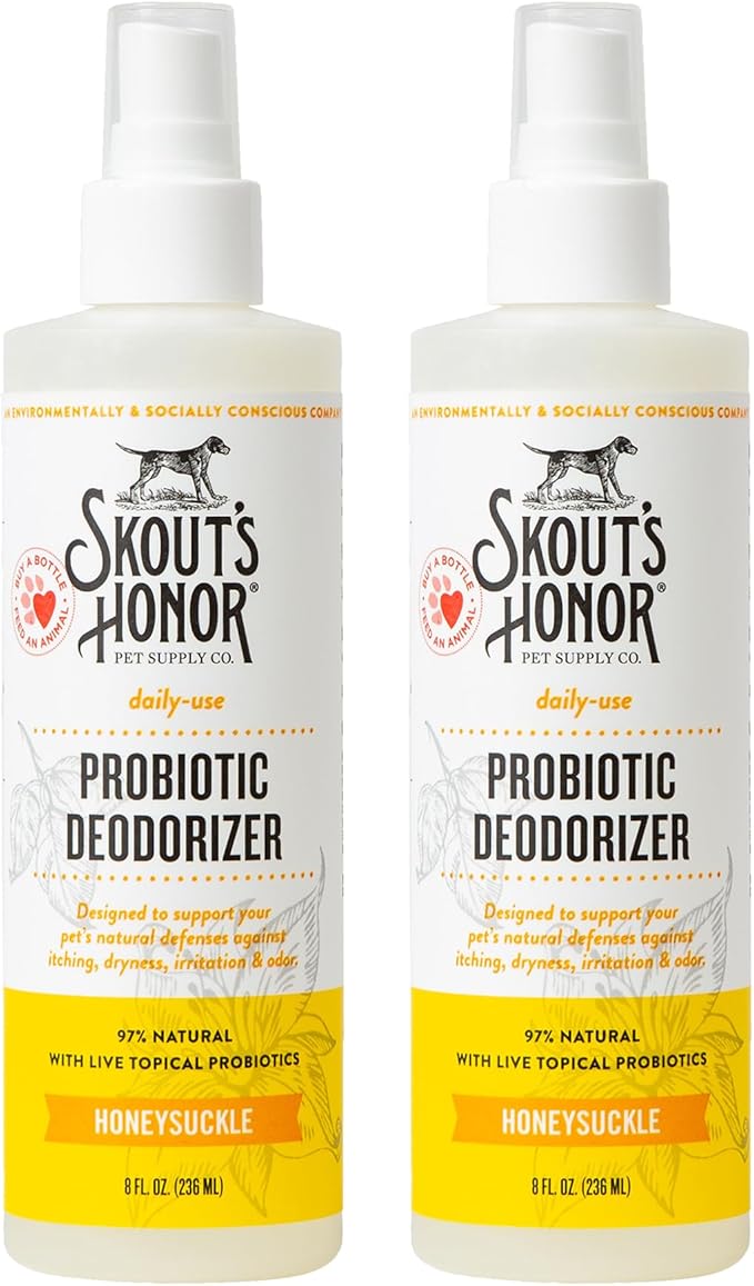 SKOUT'S HONOR Probiotic Pet Deodorizer Spray- Hydrating Daily-Use with Avocado Oil & Omega-3s, Microbiome Friendly Certiified, Paraben & Sulfate-Free, 97% Natural, 8oz, Honeysuckle, 2-Pack - AquaVibe