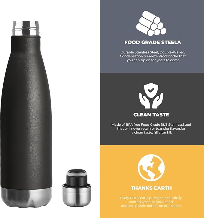 MEWAY 17oz Sport Water Bottle 12 Pack Vacuum Insulated Stainless Steel Leak-Proof Double Wall Cola Shape Water Bottle,Keep Drinks Hot & Cold (Black,12 Pack)