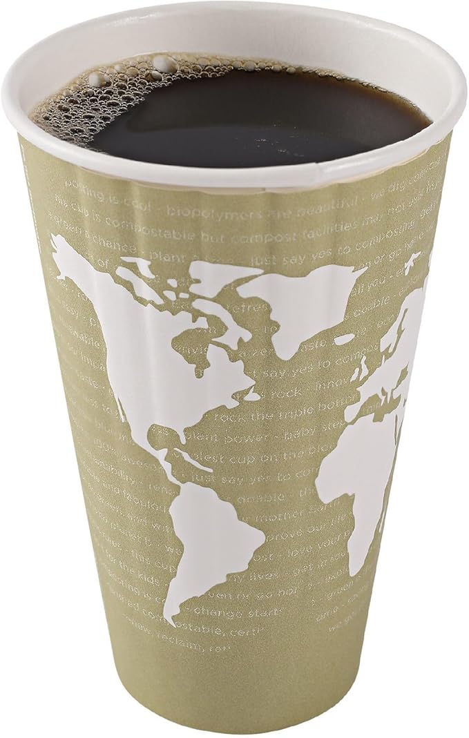 ECO PRODUCTS Compostable Disposable Insulated World Art 16oz Large Coffee Cups, Pack of 40, Renewable Double-wall Hot Paper Cup, Plant Based PLA Lining, No Sleeves Needed, Color Coded