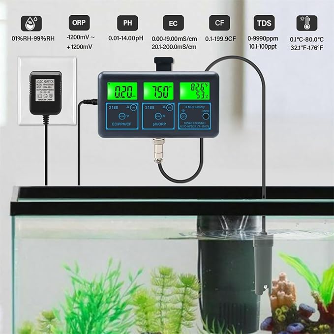 Water Quality Tester Detector, EC/CF/ORP/PH/PPM/Humidity/Temperature Tester, Smart Water Quality Meter Monitor for Aquariums Pool Hydroponics