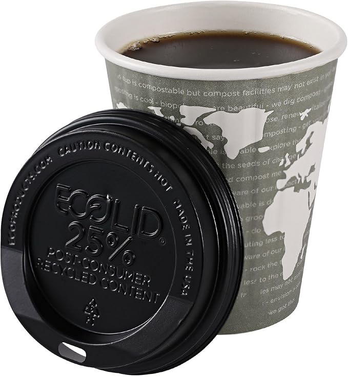 Eco-Products Ecolid Recycled Small Coffee Cup Lids, Case of 1000, Black, Fits 8oz Hot Cups, Made from 25% Post-Consumer Recycled Plastic Polystyrene, Made in the U.S.A.