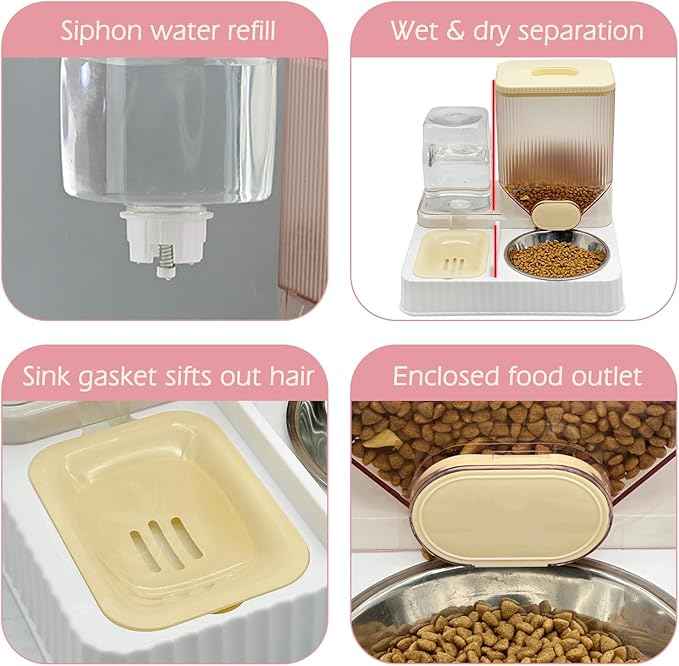 Fhiny Gravity Cat Feeder & Water Dispenser, 2 in 1 Automatic Puppy Waterer Removable Stainless Steel Food Bowls Set Self Feeding Pet Food Storage for Cat Kitten Puppy Easy Clean (Yellow)