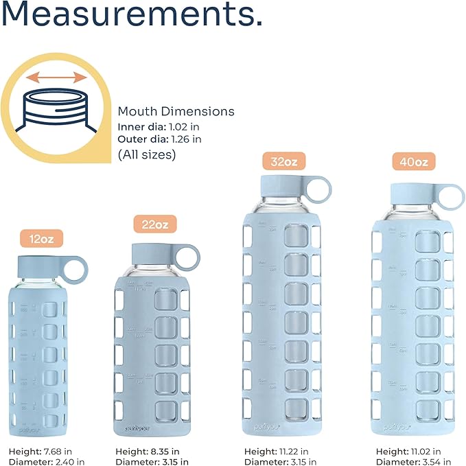 purifyou 40oz / 32oz / 22oz / 12oz Borosilicate Glass Water Bottle with Time & Volume Markers, Silicone Sleeve, Stainless Steel Lid | Reusable Glass Bottle for Water & Juice (40oz Ice Blue)