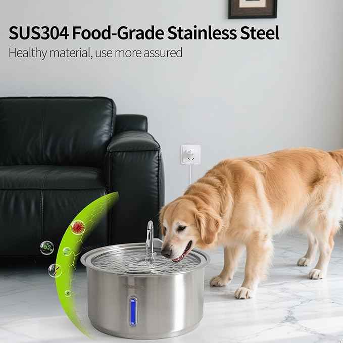 Dog Water Fountain, 11L/2.8Gal Quiet Dog Fountain Water Bowl with Visible Window Stainless Steel Dog Water Fountain with 2 Spray Modes and 15 Fliters for Large Medium Small Dogs Pets