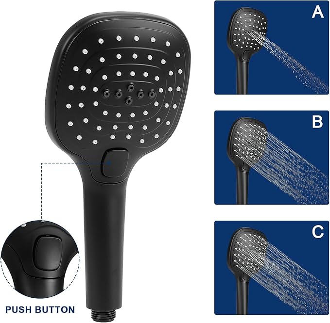 NearMoon Shower Head with Hose, High Pressure Stainless Steel Rain Shower and 3 Settings Handheld Spray Combo with Push Button Flow Control (12 Inch, Matte Black) - AquaVibe