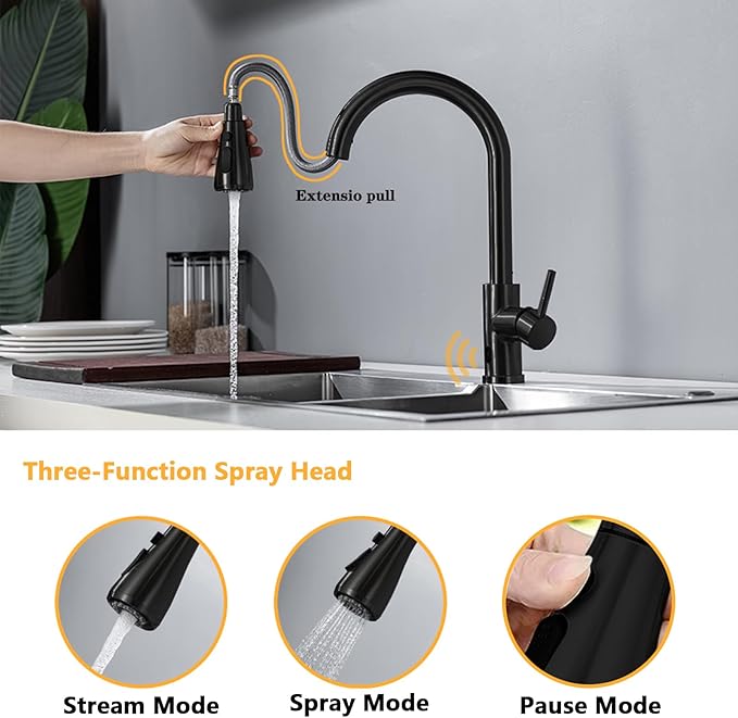 Black Touchless Infrared Sensor Kitchen Faucet with Pull Down Sprayer - Stainless Steel Single Handle Motion Sensor