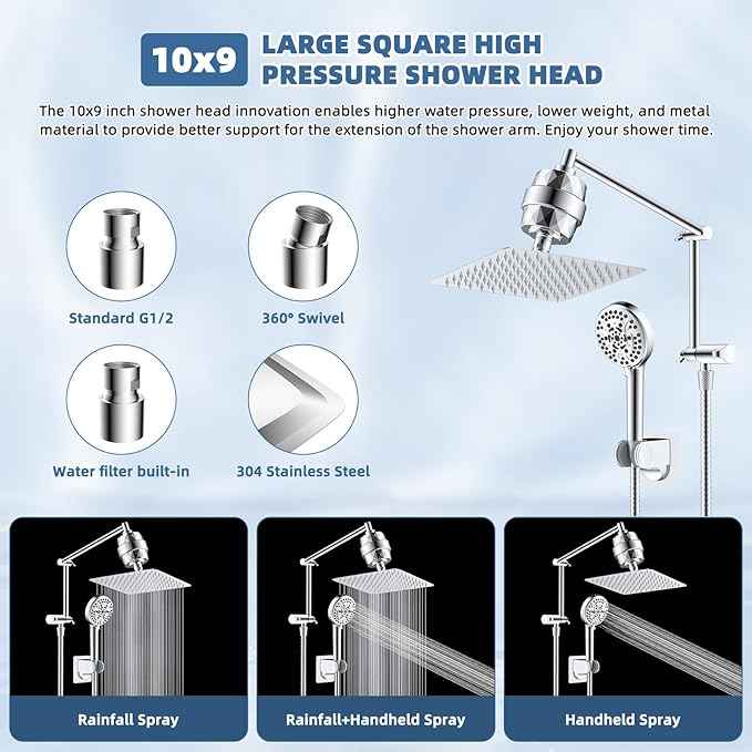 iFealClear Metal Rain Filtered Shower Head, 10” High Pressure Rainfall Shower Head with Handheld Spray, 5“ Handheld Powerful Wash 10-Mode, 16" Adjustable Extension Arm, 20-Stage Shower Filters, Chrome