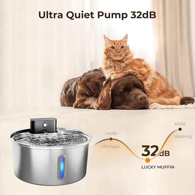 Wireless Stainless Steel Pet Water Fountain, 3.2L/108oz Automatic Cordless Water Dispenser with 3 Smart Modes, Ultra Quiet Pump, Rechargeable Battery, Multi-Filtration for Cats & Dogs
