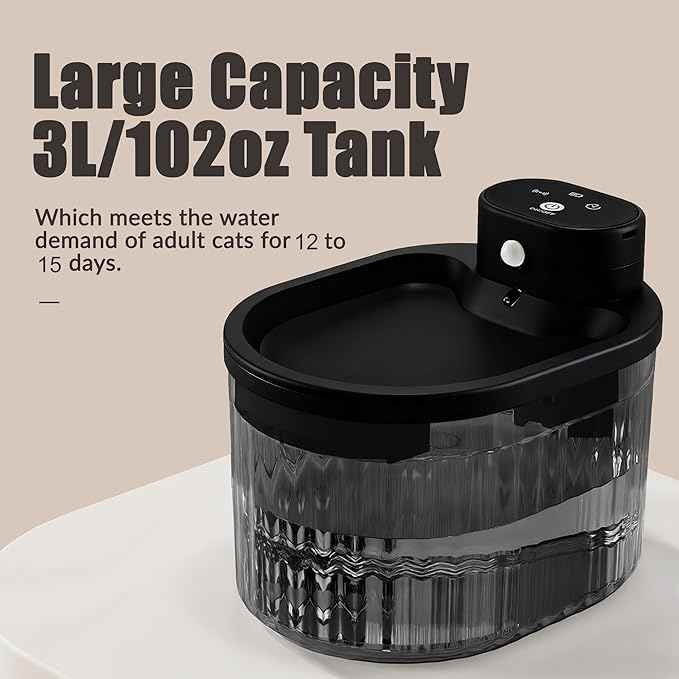 Wireless Cat Water Fountain with Motion Sensor, Automatic Cordless Quiet Pump Pet Fountain Battery Operated 102oz/3L Dog Water Bowl Dispenser with 3 Filters Black
