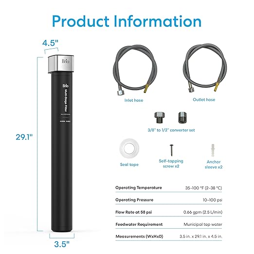 Brio 26" Under Sink Water Filter System for Kitchen & Bathroom Faucet | 3-Stage Single Housing 0.5 Micron Filters PFAS, Chlorine, Lead, Mercury+ | 25,000 Gallons/2 Years | NSF/ANSI 42 & 372 Certified