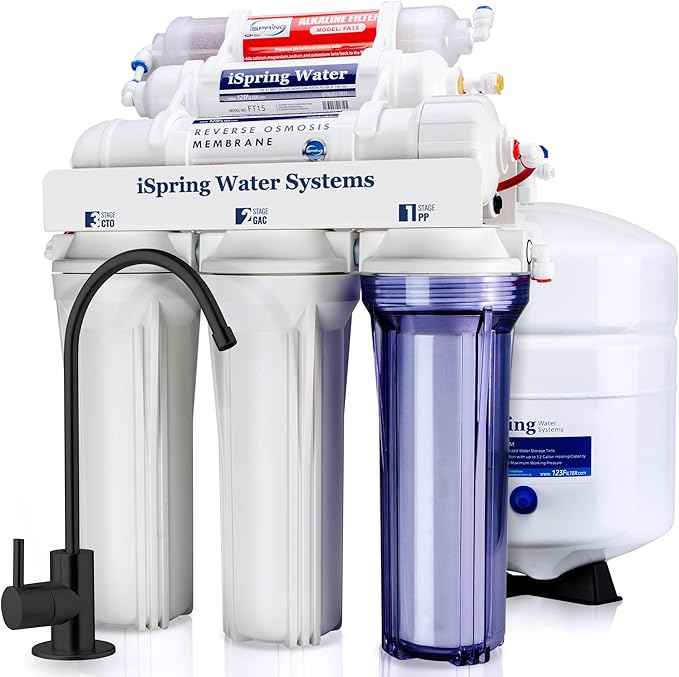 iSpring RCC7AK-BLK, 75 GPD Alkaline 6-Stage Reverse Osmosis System with Stylish Black RO Faucet & ICEK Ultra Safe Fridge Water Line Connection and Ice Maker Installation Kit